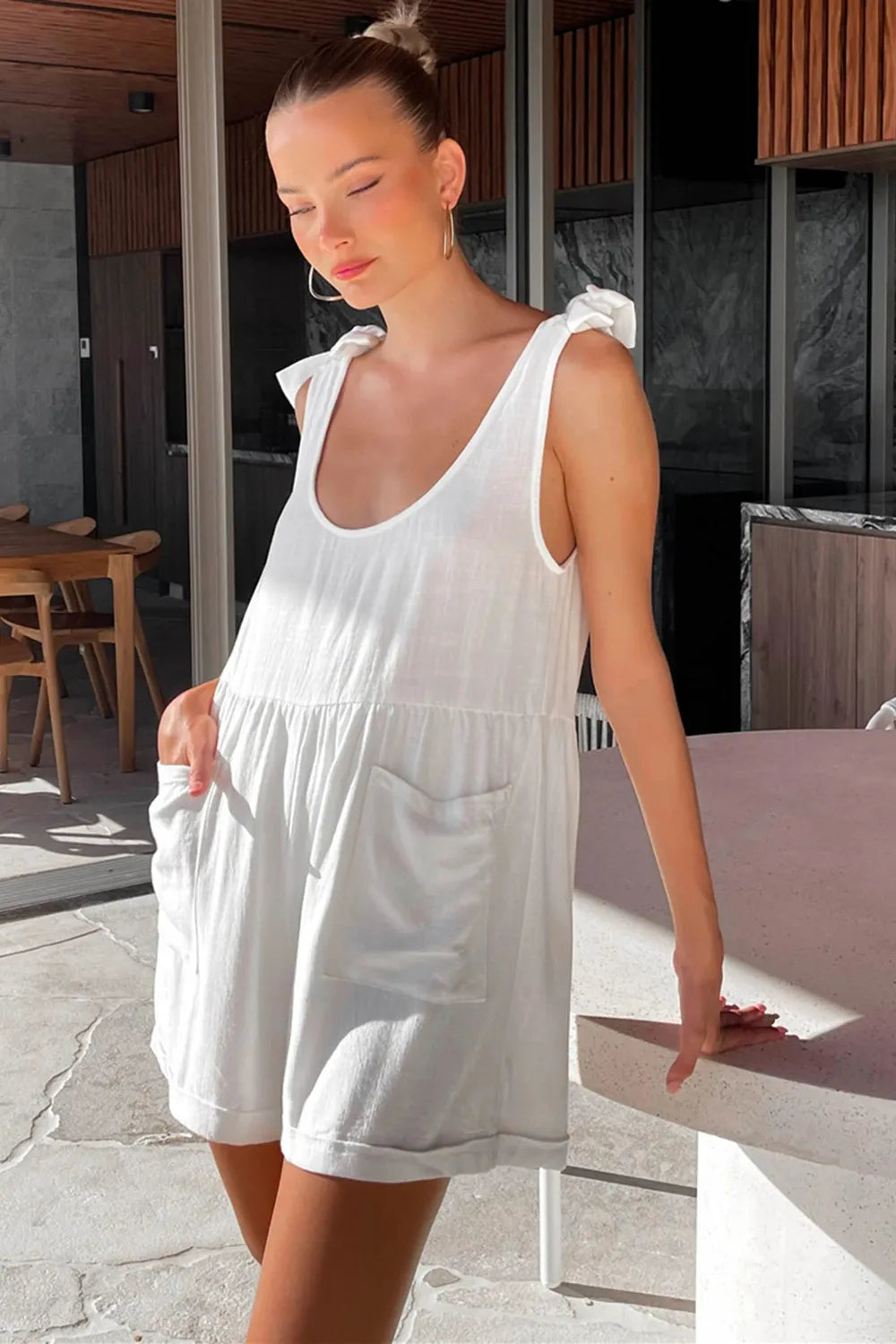 Full Size Scoop Neck Tie Shoulder Romper - Lilixa.store