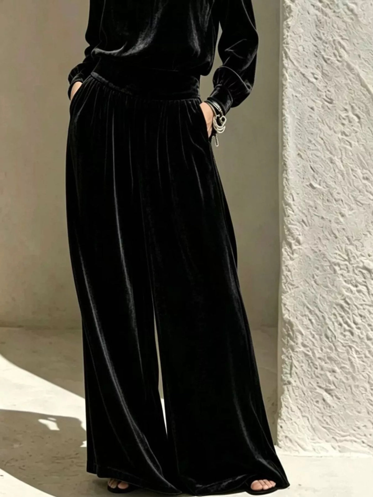 Velvet Mock Neck Long Sleeve Top and Wide-Leg Pants Set - Lilixa.store