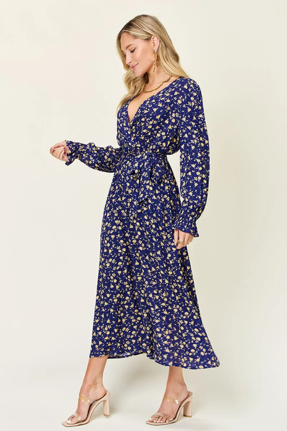 Double Take Full Size Tie Back Flounce Sleeve Dress in Dark Blue, view 2