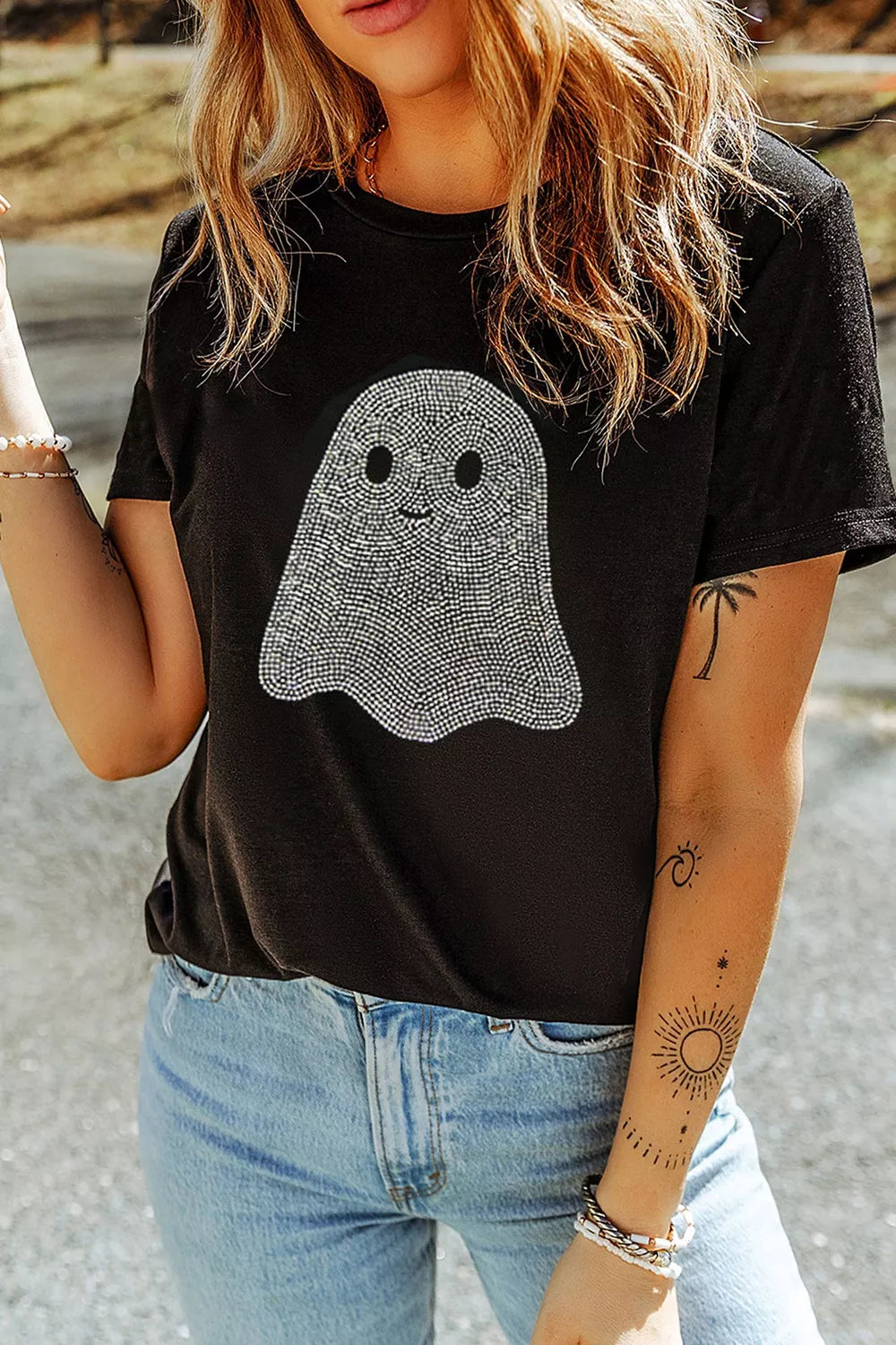 Full Size Rhinestone Ghost Round Neck T-Shirt Plus Size