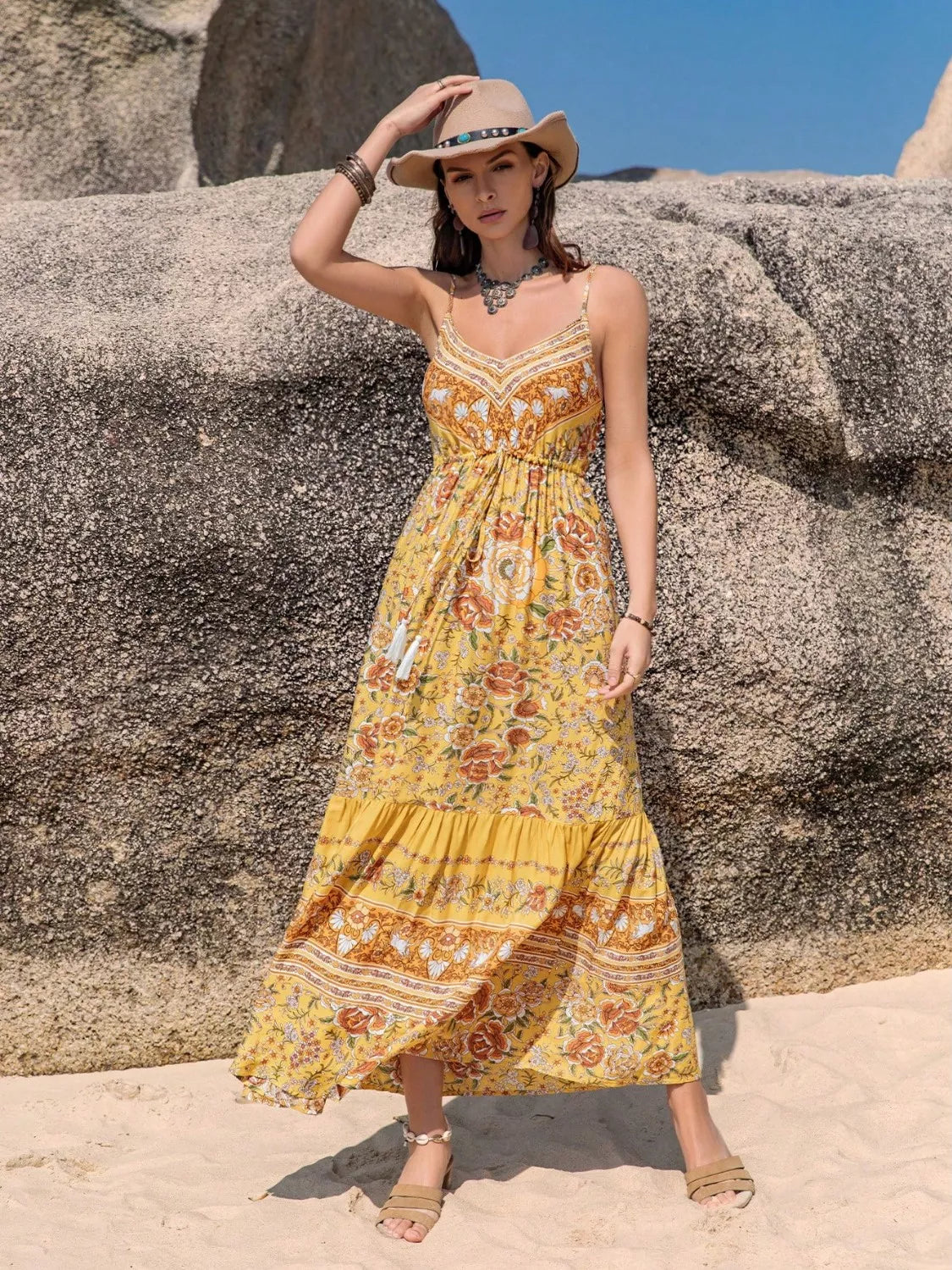 Tassel Printed Tiered Cami Dress in Gold, view 6
