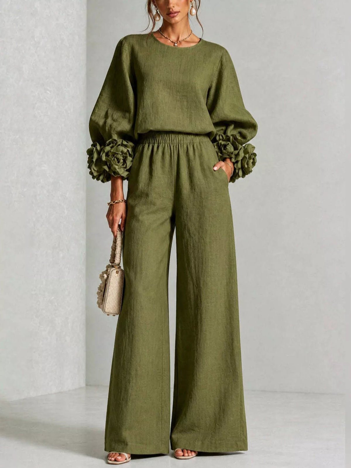 Full Size Floral Cuffs Top and Wide Leg Pants Set Plus Size