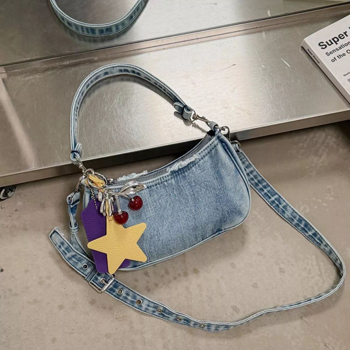 Star Charm Denim Shoulder Bag - Lilixa.store