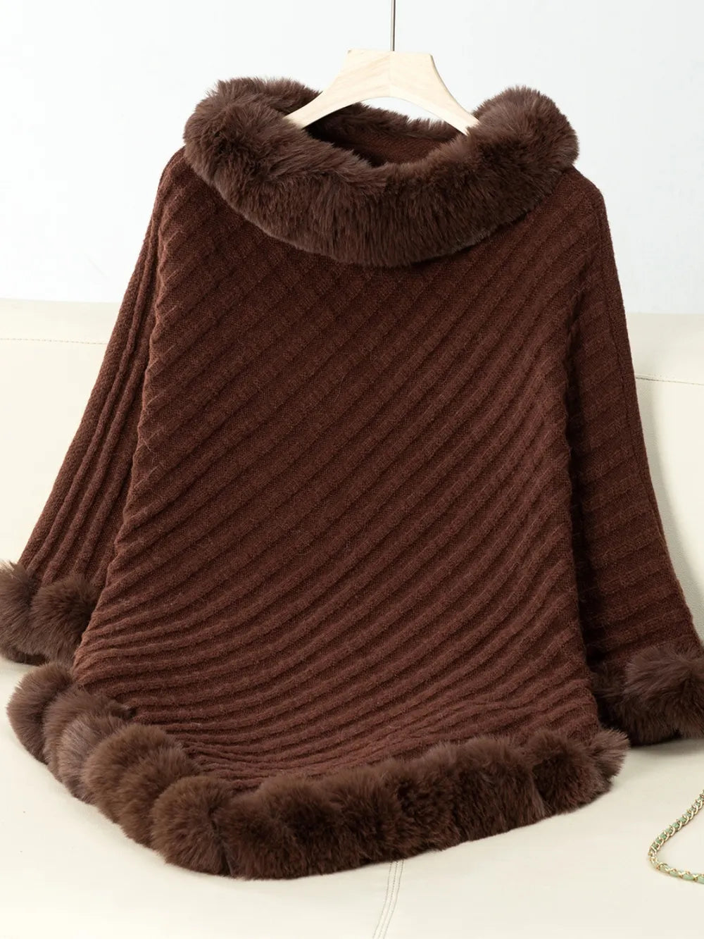 Fuzzy Trim Texture Three-Quarter Sleeve Poncho - Lilixa.store