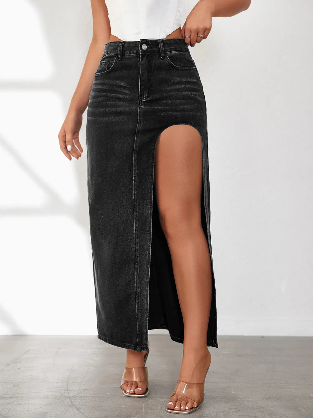 High Rise Slit Denim Skirt - Lilixa.store
