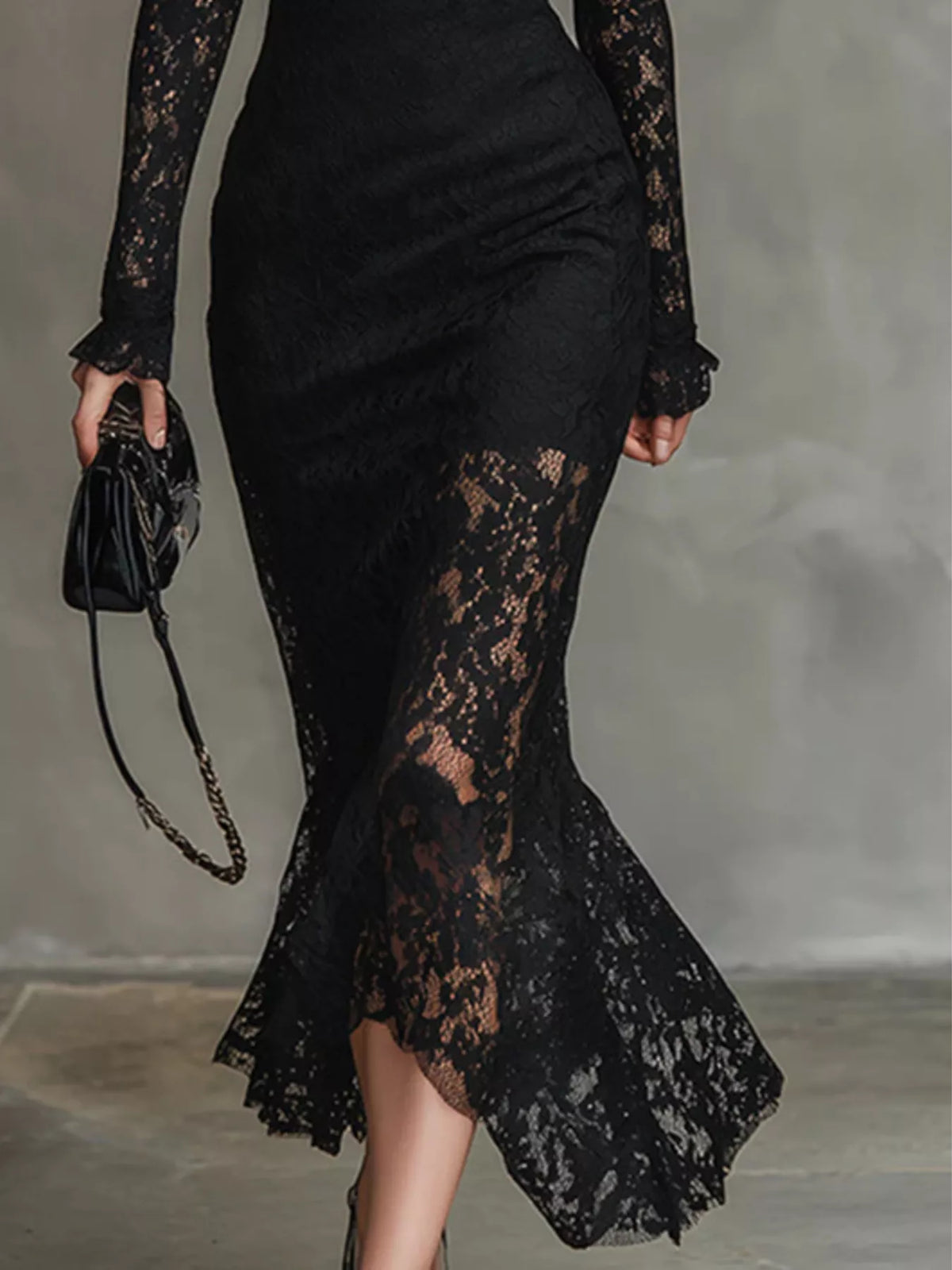 Lace Mock Neck Long Sleeve Mermaid Midi Dress