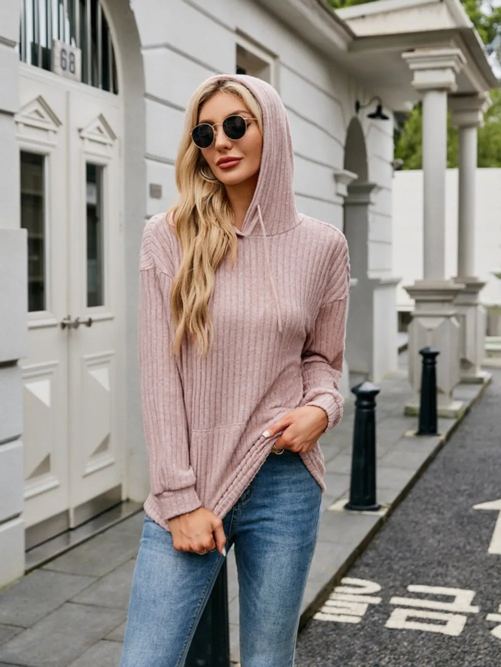 Ribbed Drawstring Long Sleeve Hoodie - Lilixa.store