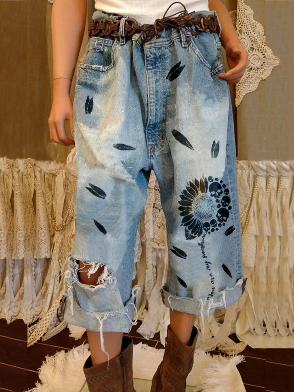 Full Size Distressed Skull Print Jeans Plus Size - Lilixa.store