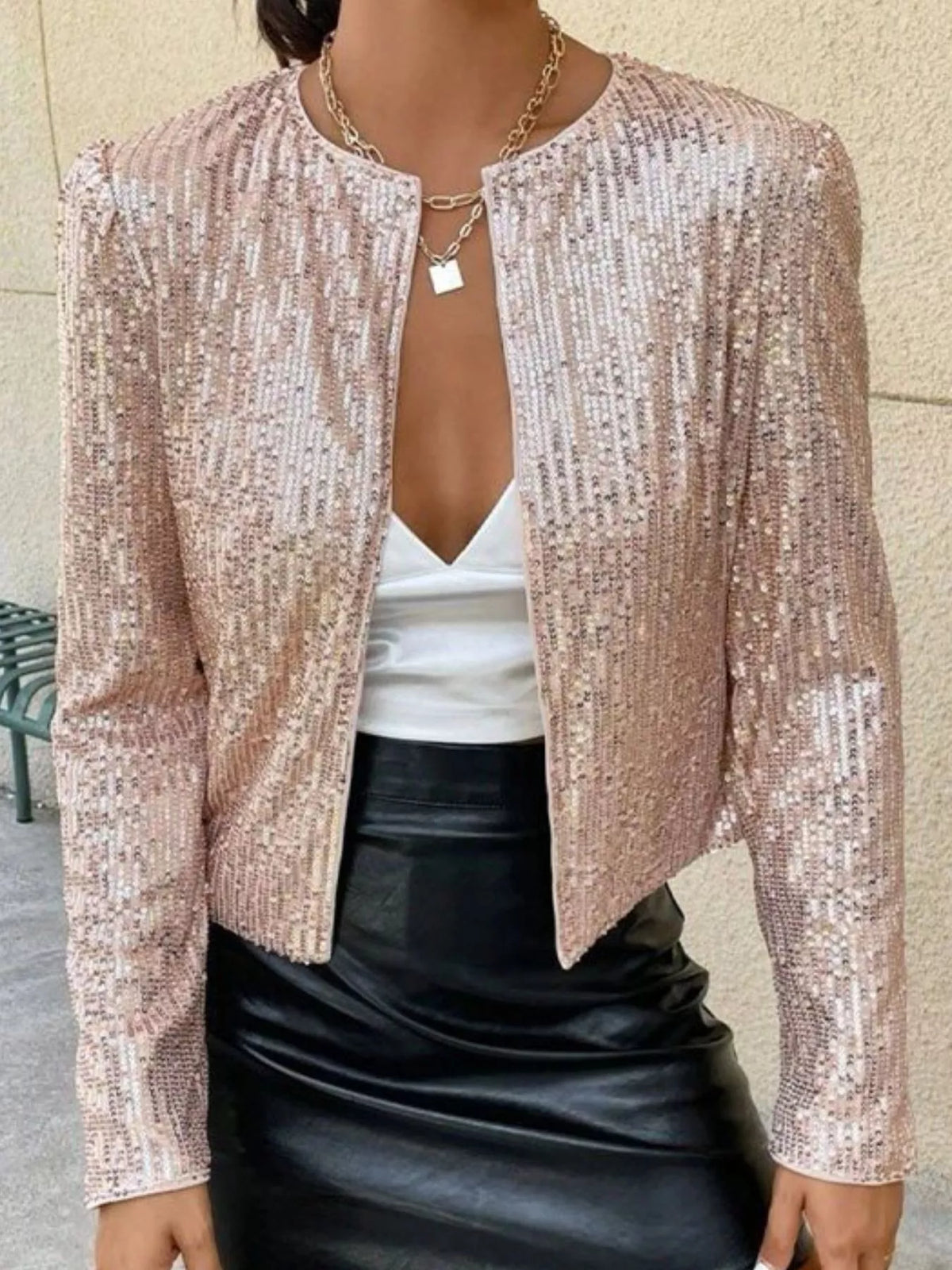 Full Size Sequin Long Sleeve Jacket Plus Size in Rose Gold