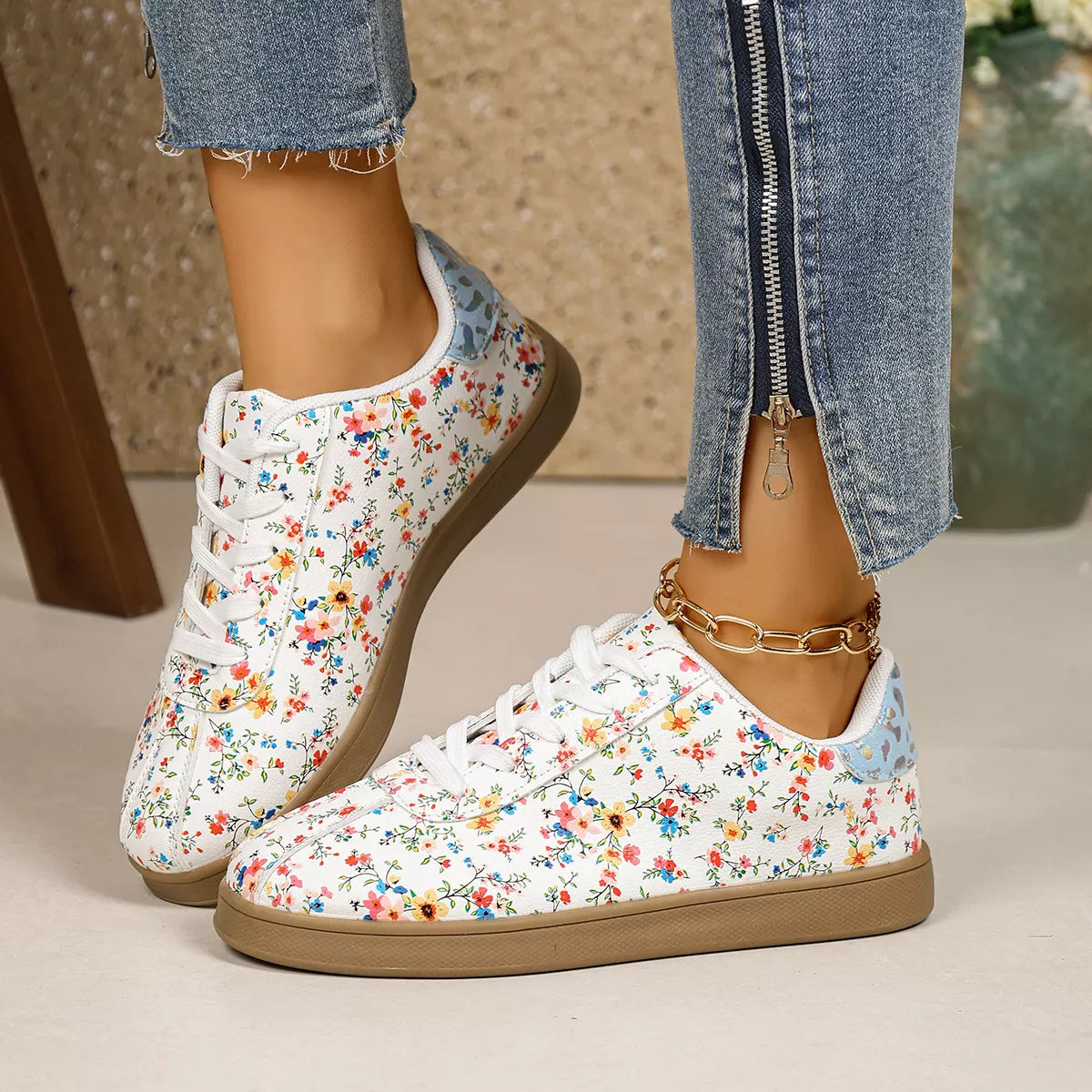 Floral Print Lace-Up Sneakers - Lilixa.store