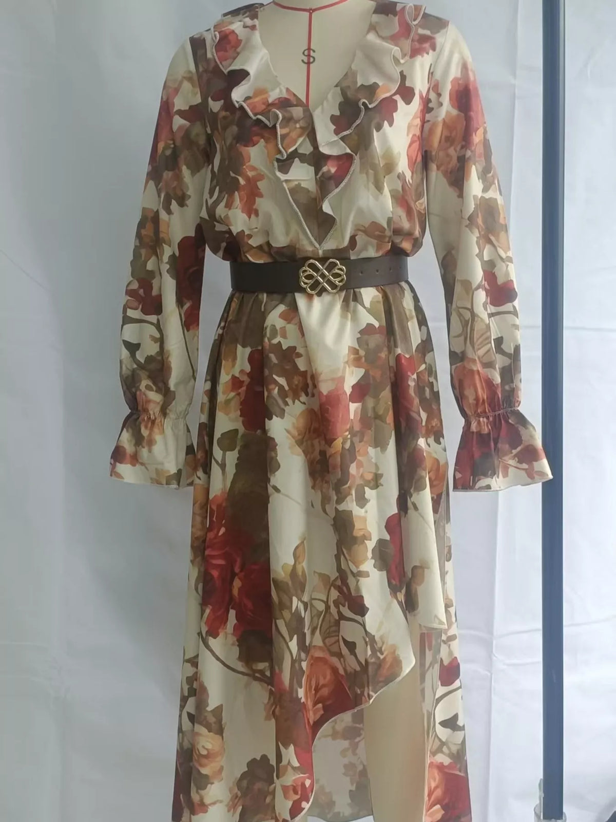 Floral Print Ruffle Trim High-Low Chiffon Maxi Dress
