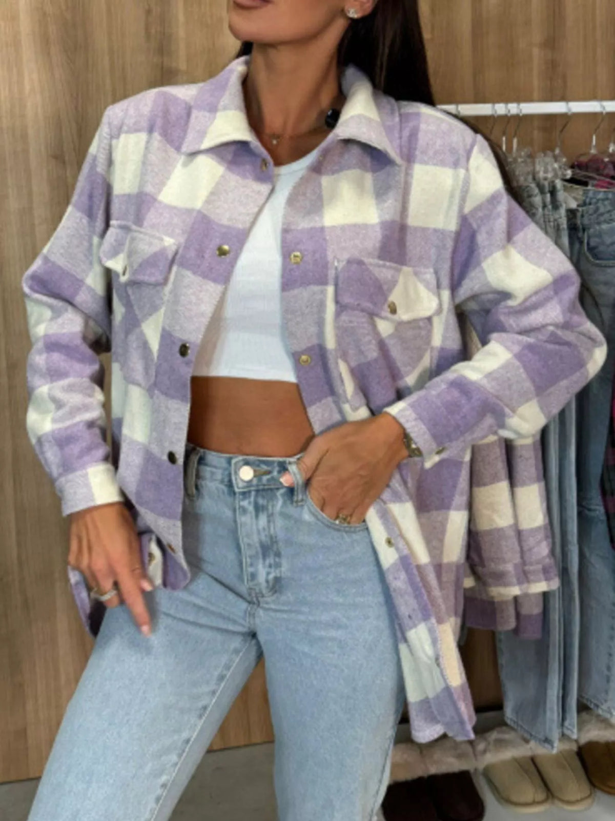 Plaid Button-Down Long Sleeve Shacket, view 12