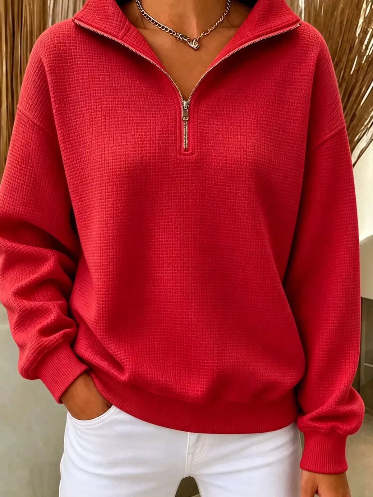 Full Size Waffle Knit Quarter-Zip Sweatshirt Plus Size - Lilixa.store