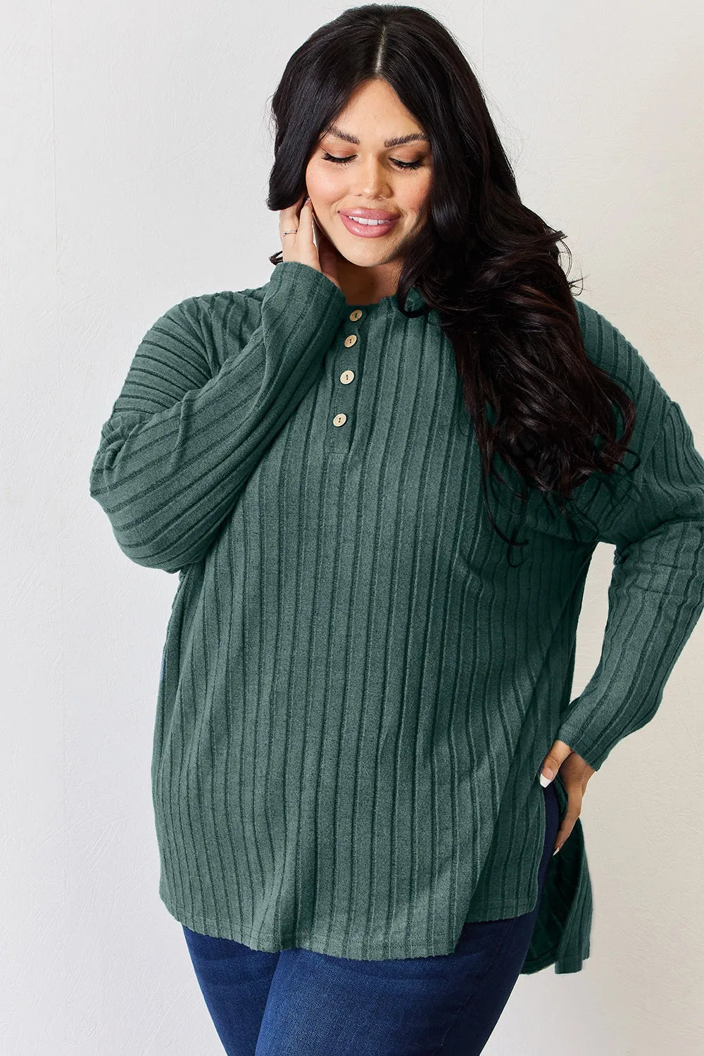 Basic Bae Full Size Ribbed Half Button Long Sleeve High-Low T-Shirt - Lilixa.store