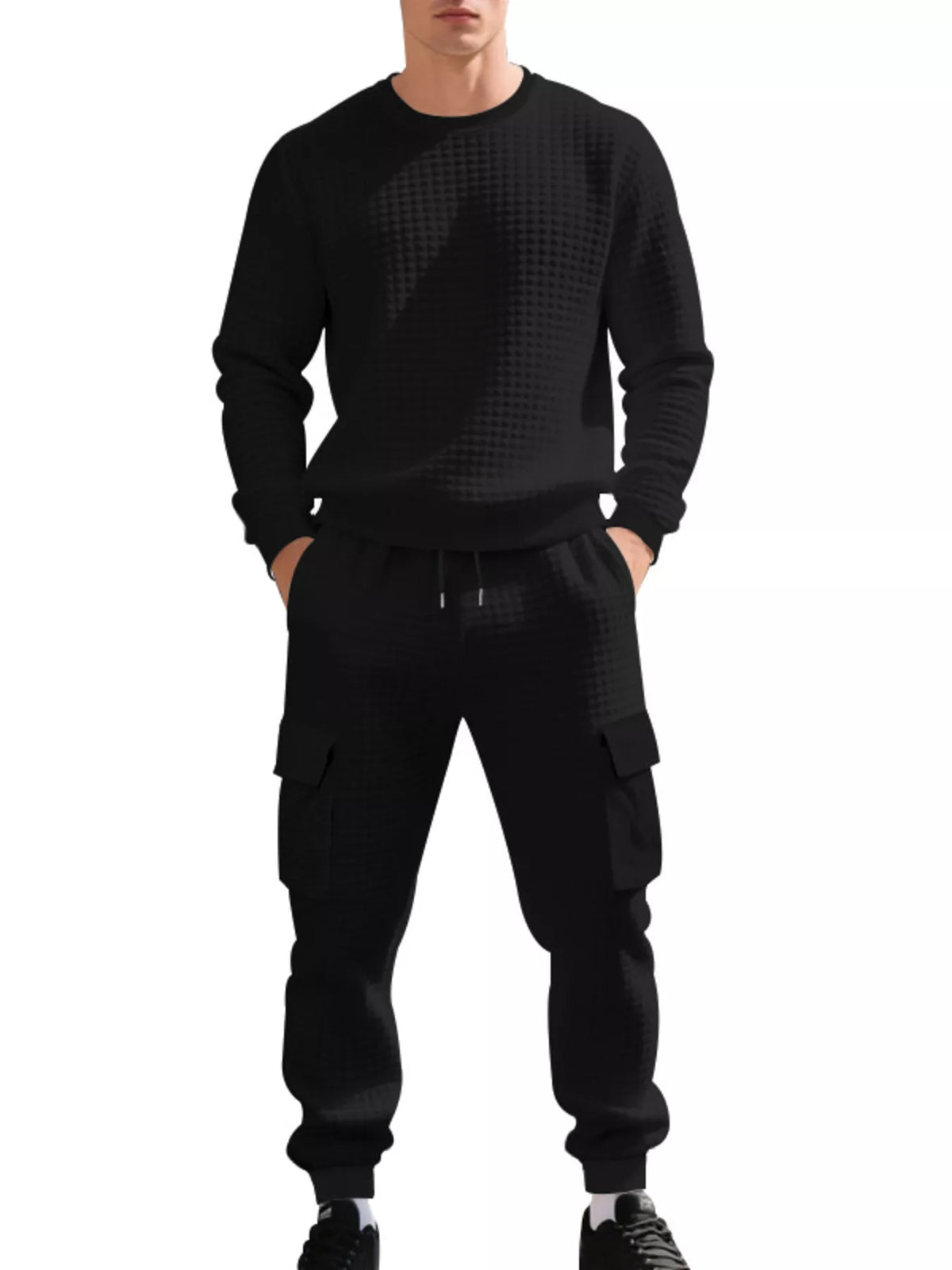 Men's Plus Size Waffle Knit Textured Crewneck Sweatshirt and Jogger Set - Lilixa.store