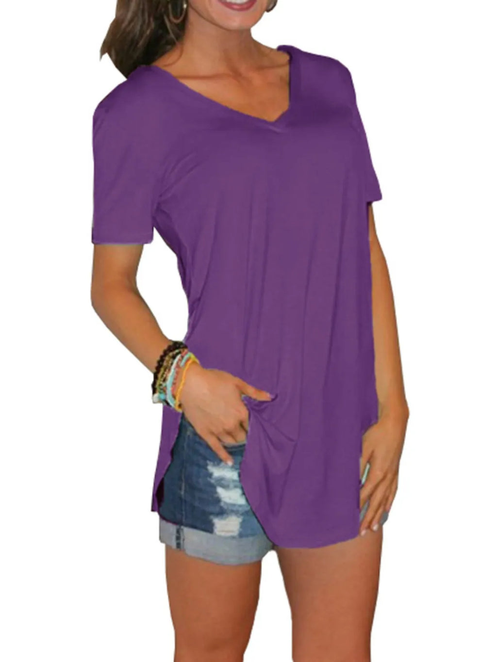 Full Size Solid V-Neck Short Sleeve T-Shirt Plus Size - Lilixa.store