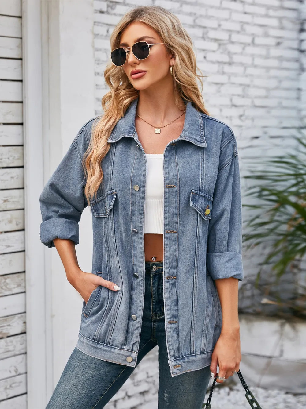 Button Up Long Sleeve Denim Jacket, view 3