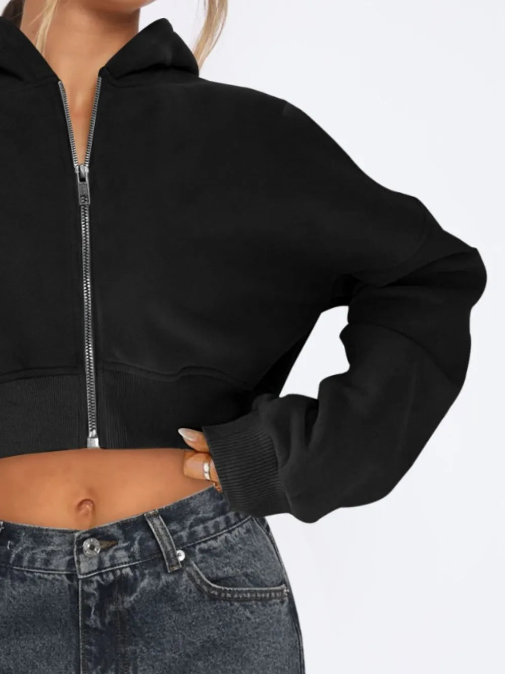 Zip Up Long Sleeve Hooded Cropped Jacket, view 4