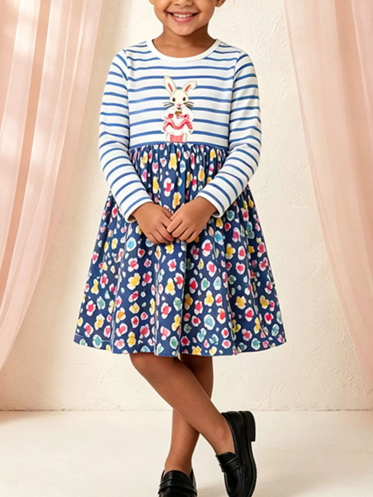 Children's Bunny Graphic Striped Floral Print Dress in Dark Blue, view 4