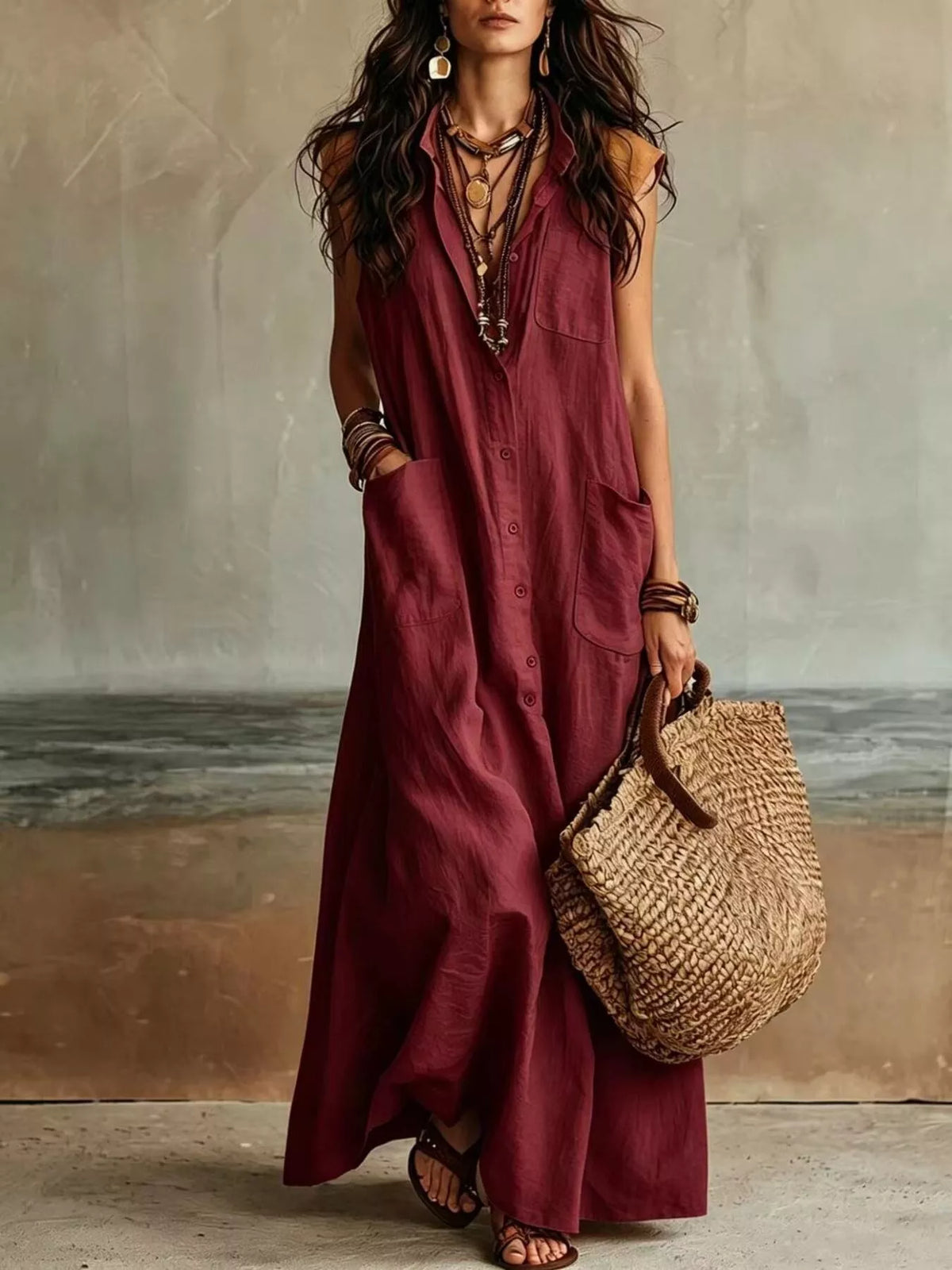 Sleeveless Button-Down Linen Maxi Dress - Lilixa.store