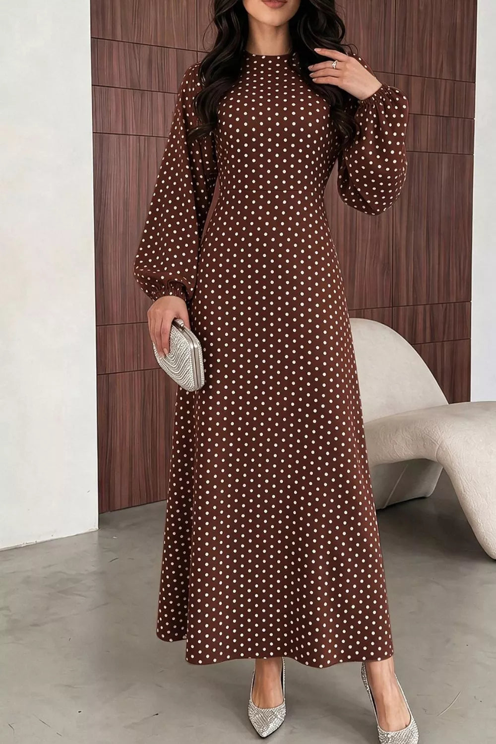 Polka Dot Long Sleeve Maxi Dress - Lilixa.store