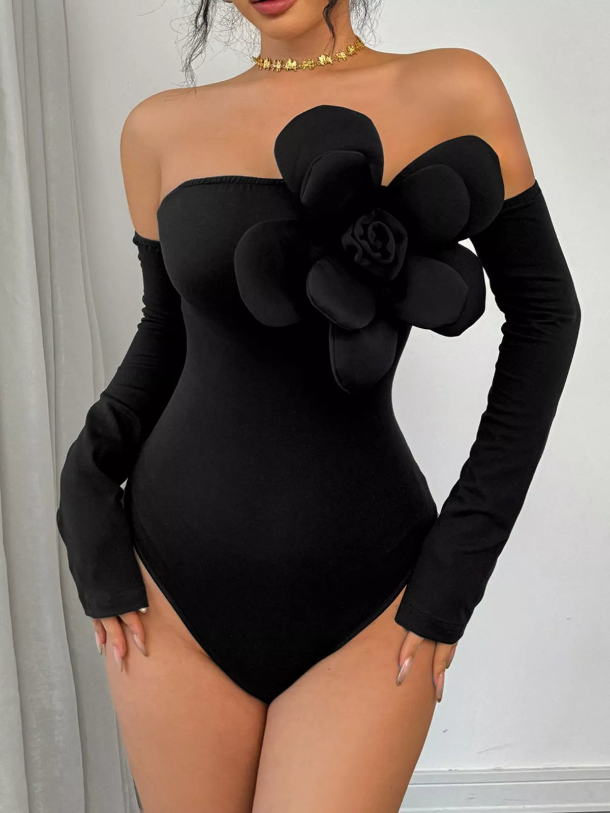 Flower Off-Shoulder Long Sleeve Bodysuit - Lilixa.store