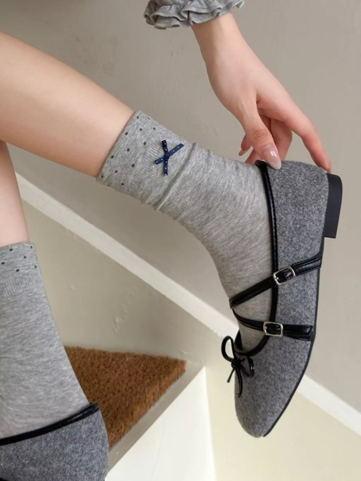 Polka Dot Crew Socks in Gray