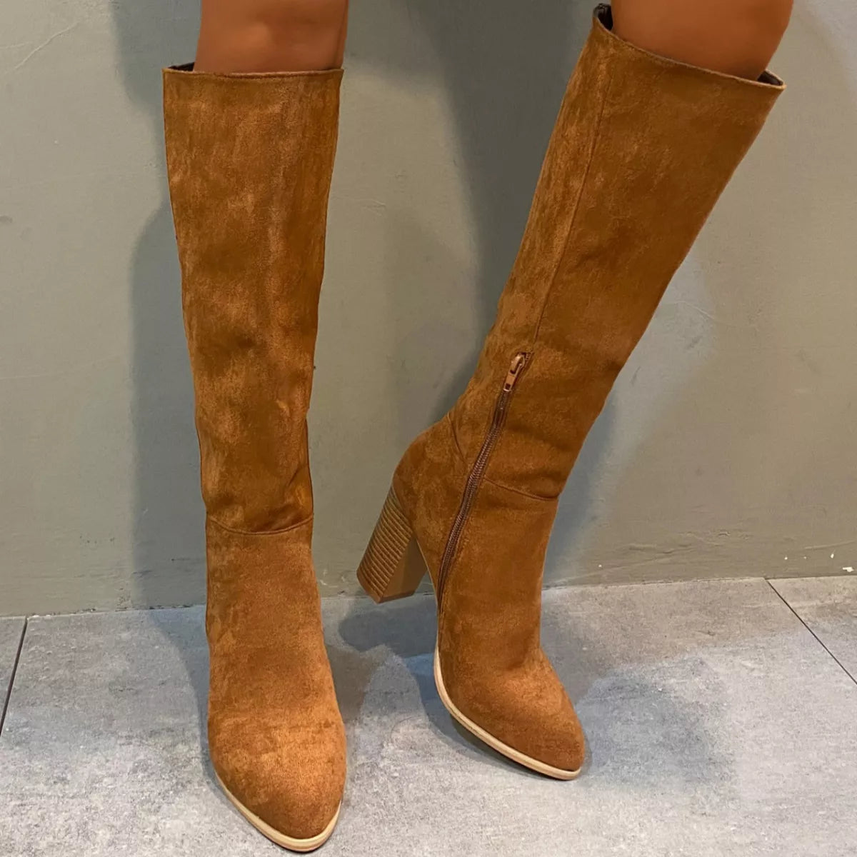 Point Toe Knee-High Suede Block Heel Boots - Lilixa.store