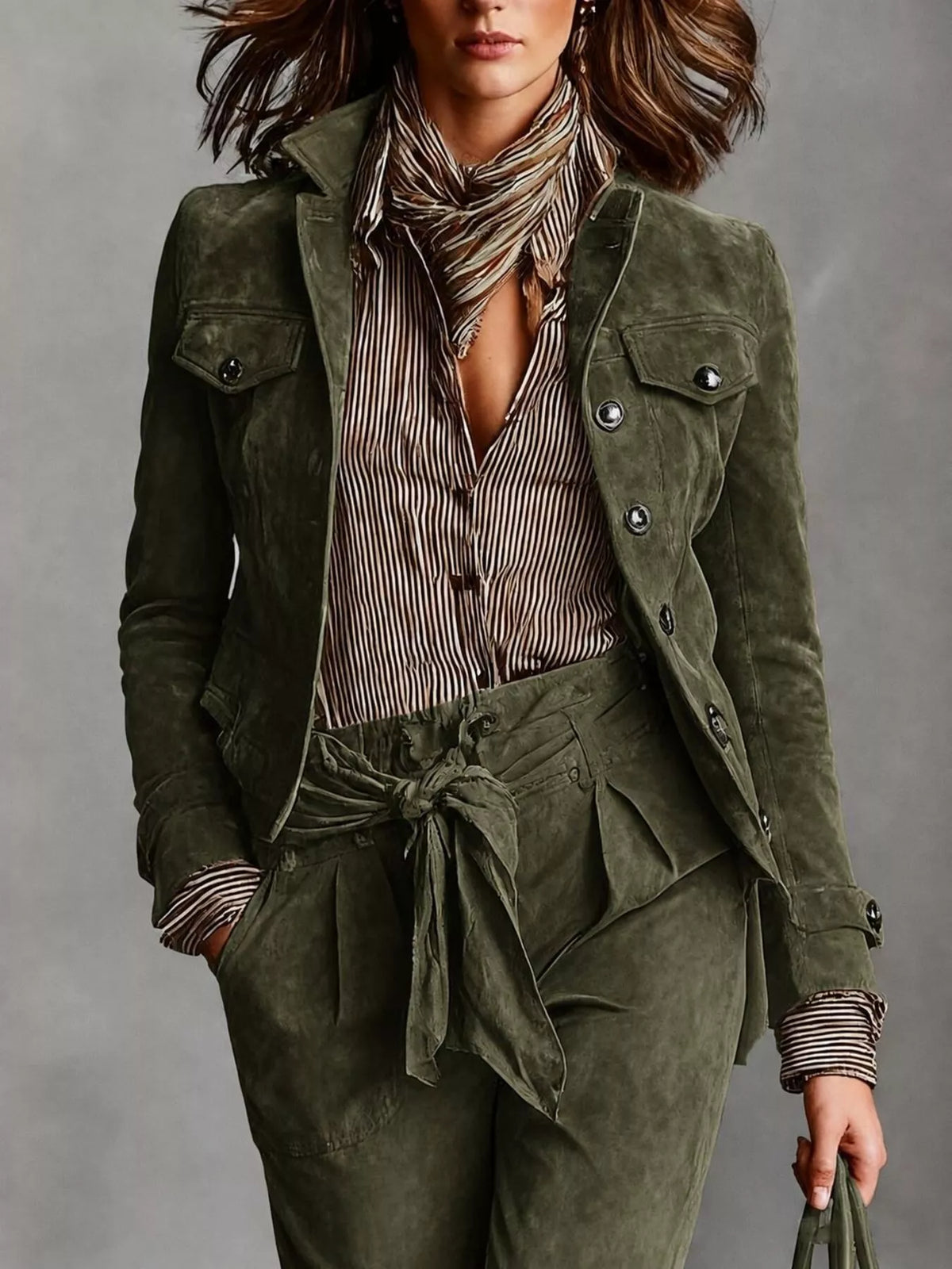 Full Size Suede Utility Blazer with Button-Front Detail Plus Size in Army Green