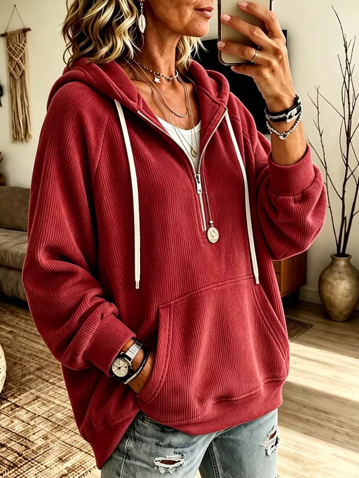 Ribbed Knit Quarter-Zip Hoodie with Kangaroo Pocket - Lilixa.store