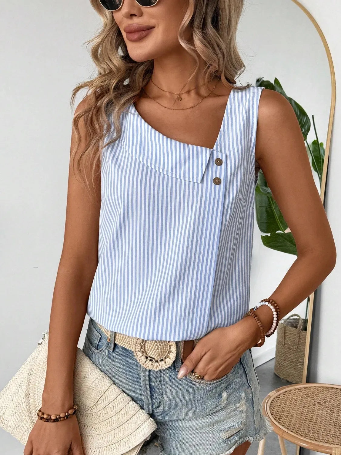 Decorative Button Asymmetrical Striped Tank - Lilixa.store