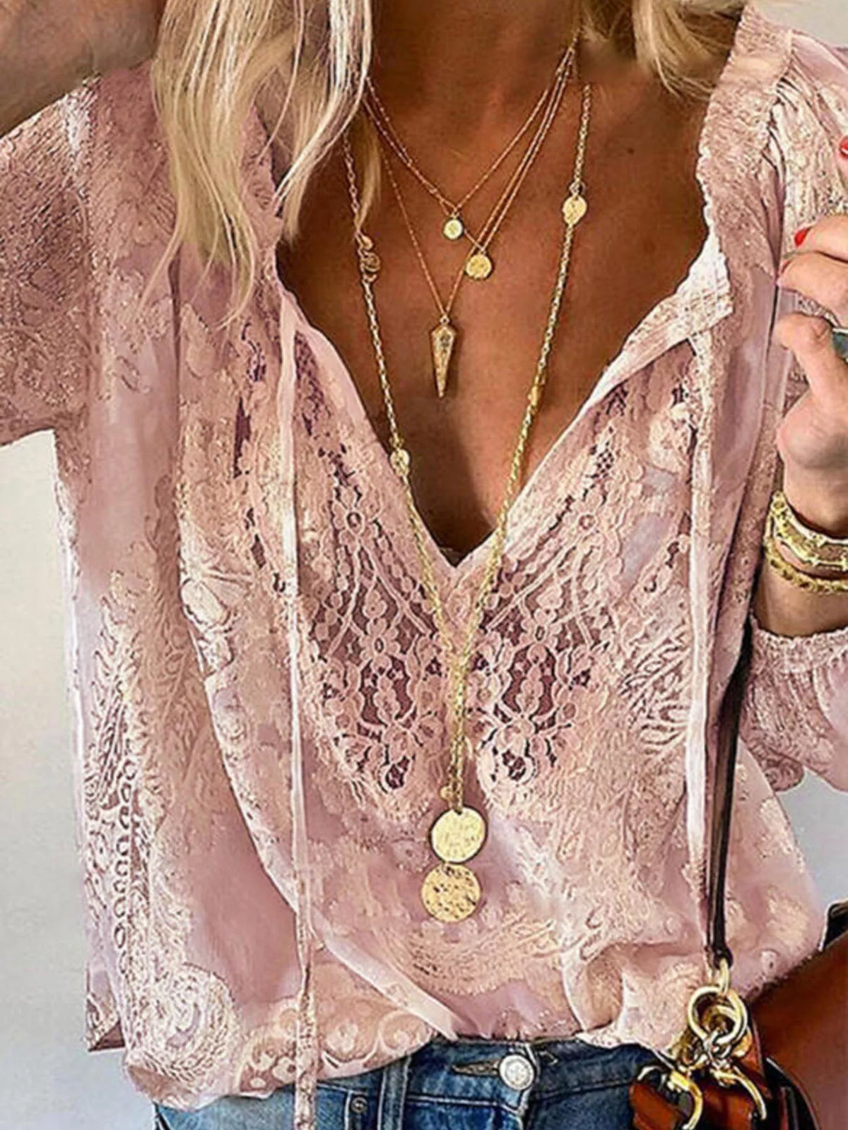 Lace Tie-Neck Blouse - Lilixa.store