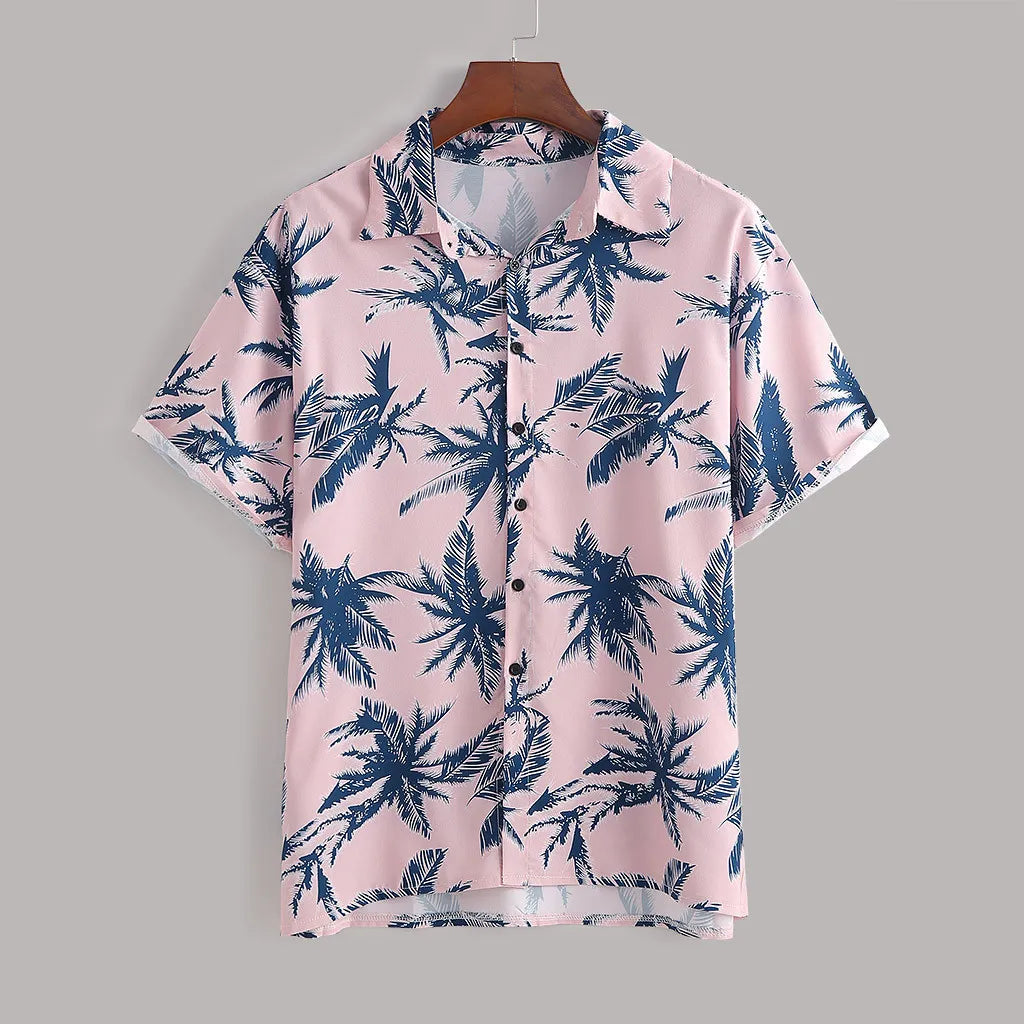Men's Full Size Tropical Print Hawaiian Style Top and Shorts Set Plus Size in Pink, view 2