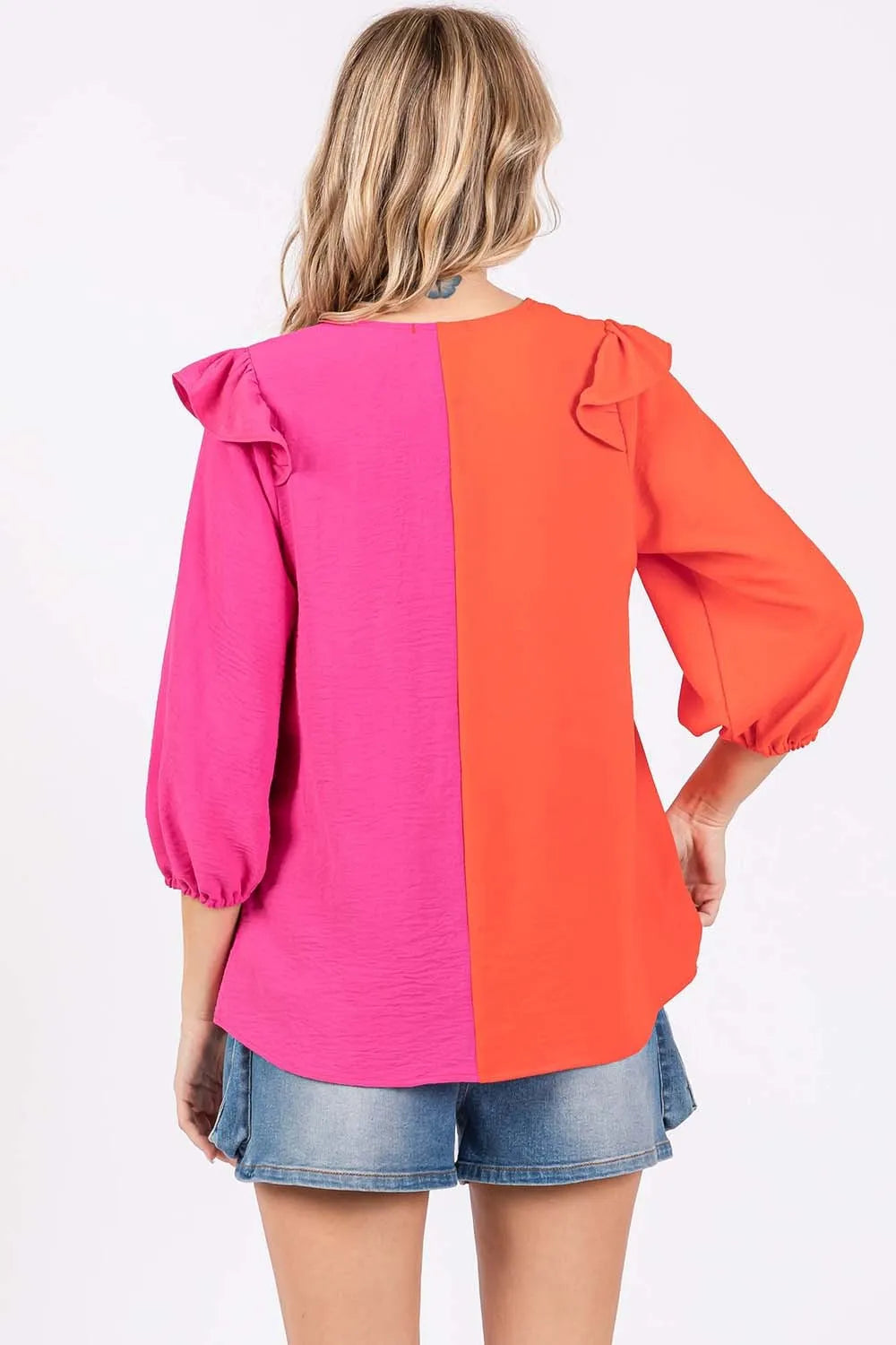 GeeGee Full Size Ruffle Trim Contrast Blouse - Lilixa.store