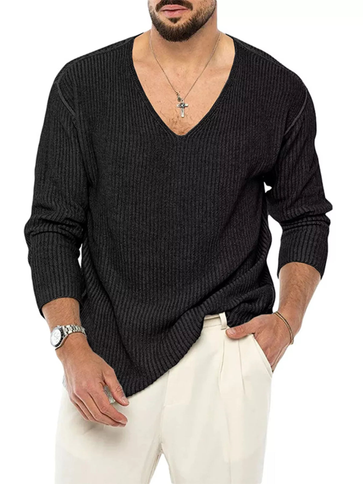Men's Casual V-Neck Ribbed Knit Sweater - Lilixa.store