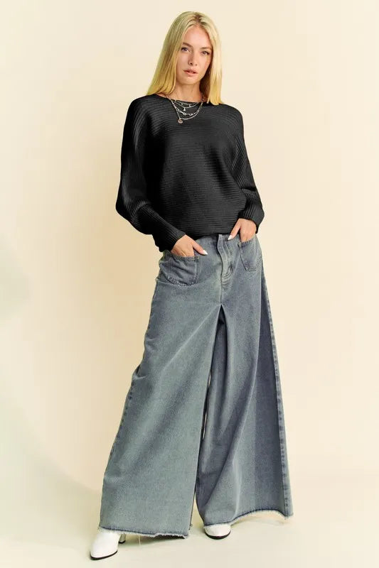 Davi & Dani Round Neck Batwing Sleeve Sweater - Lilixa.store