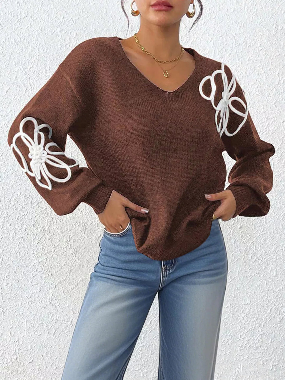 Flower V-Neck Dropped Shoulder Sweater