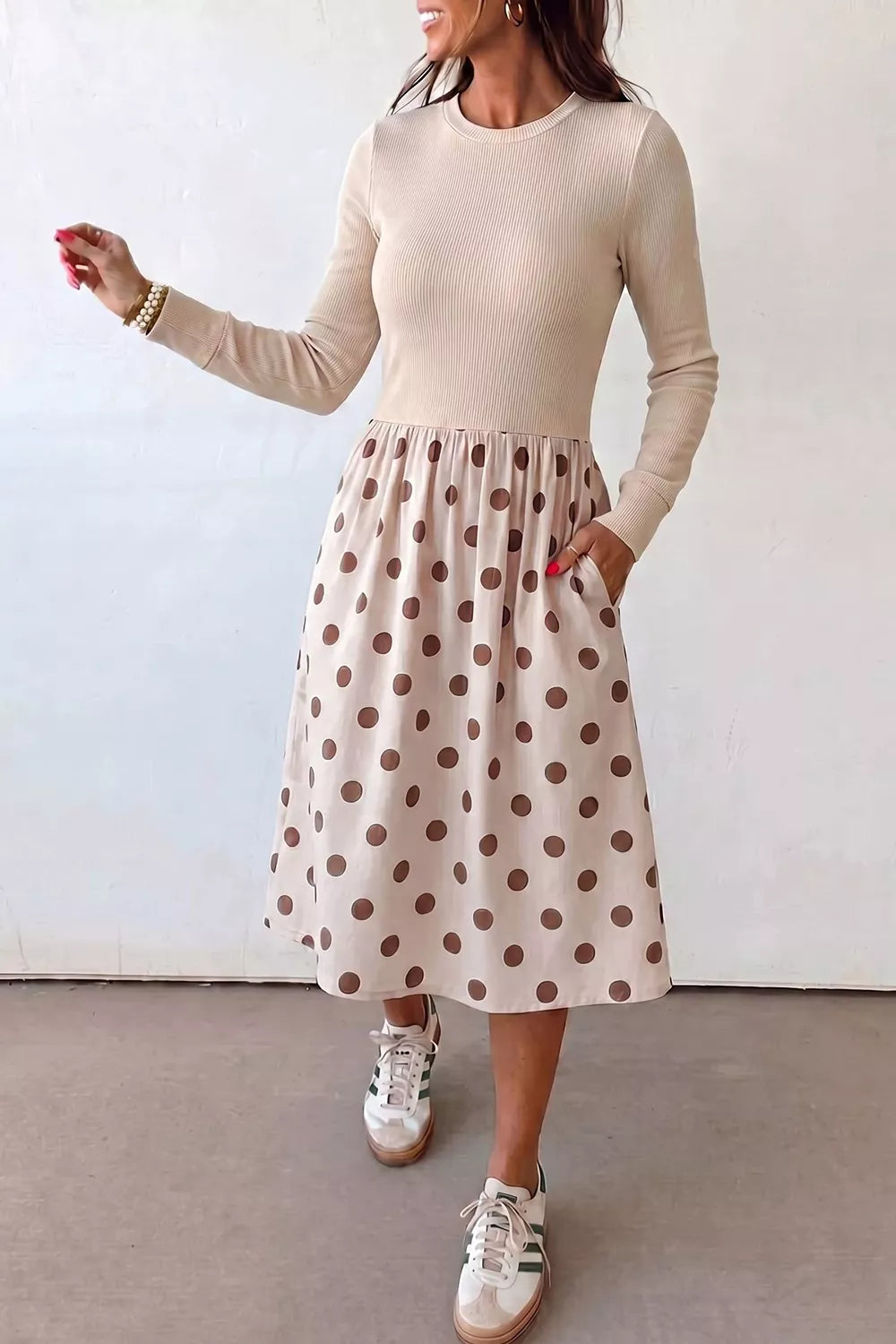 Polka Dot Midi Long Sleeve Dress in Beige, view 2