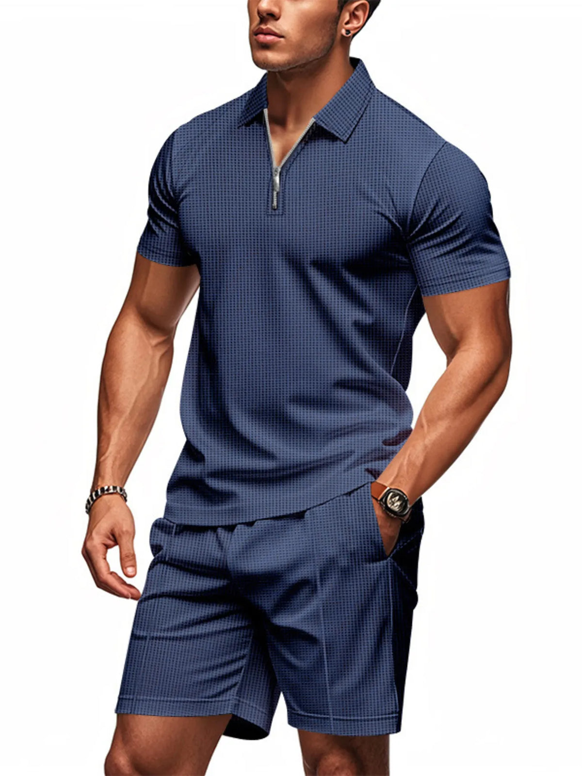 Men's Plus Size Quarter Zip Short Sleeve Top and Shorts Set in Navy Blue