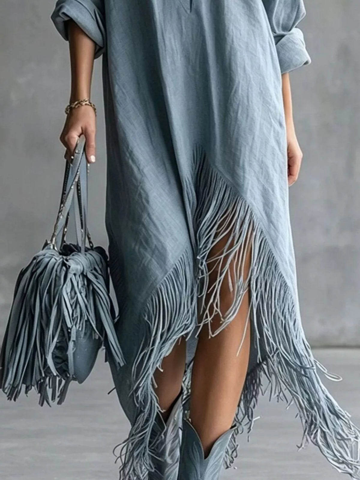 Zipper-Front Fringe Hem Midi Dress
