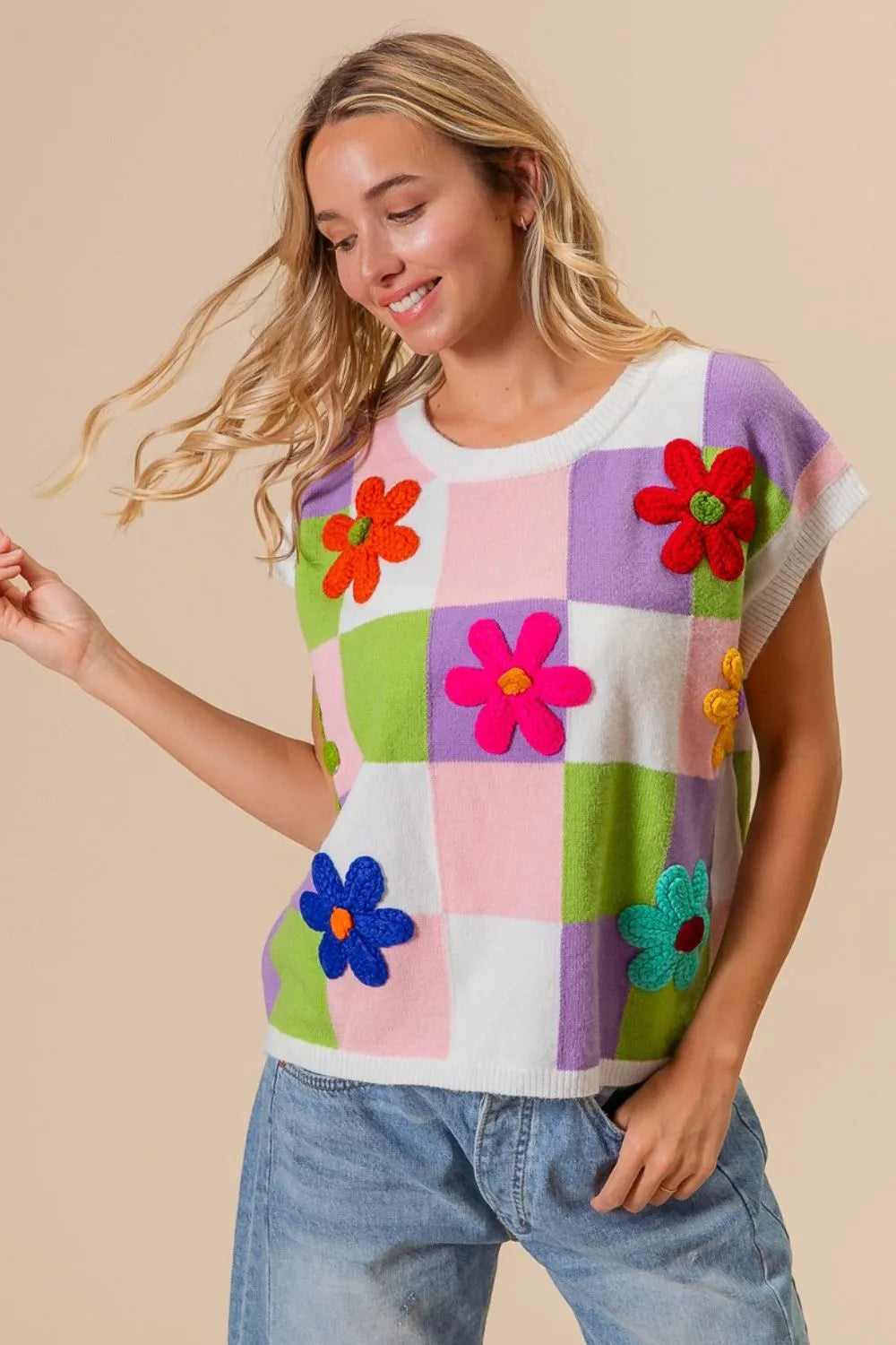 BiBi Flower Patch Checkered Sweater Vest in Lavender/Blush/Lime, view 2