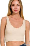 Zenana Seamless Ribbed Cropped Bra Padded V-Neck Tank - Lilixa.store