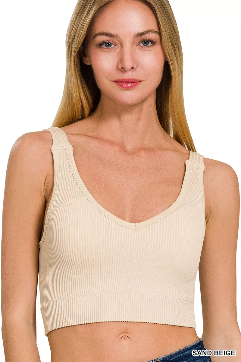 Zenana Seamless Ribbed Cropped Bra Padded V-Neck Tank - Lilixa.store