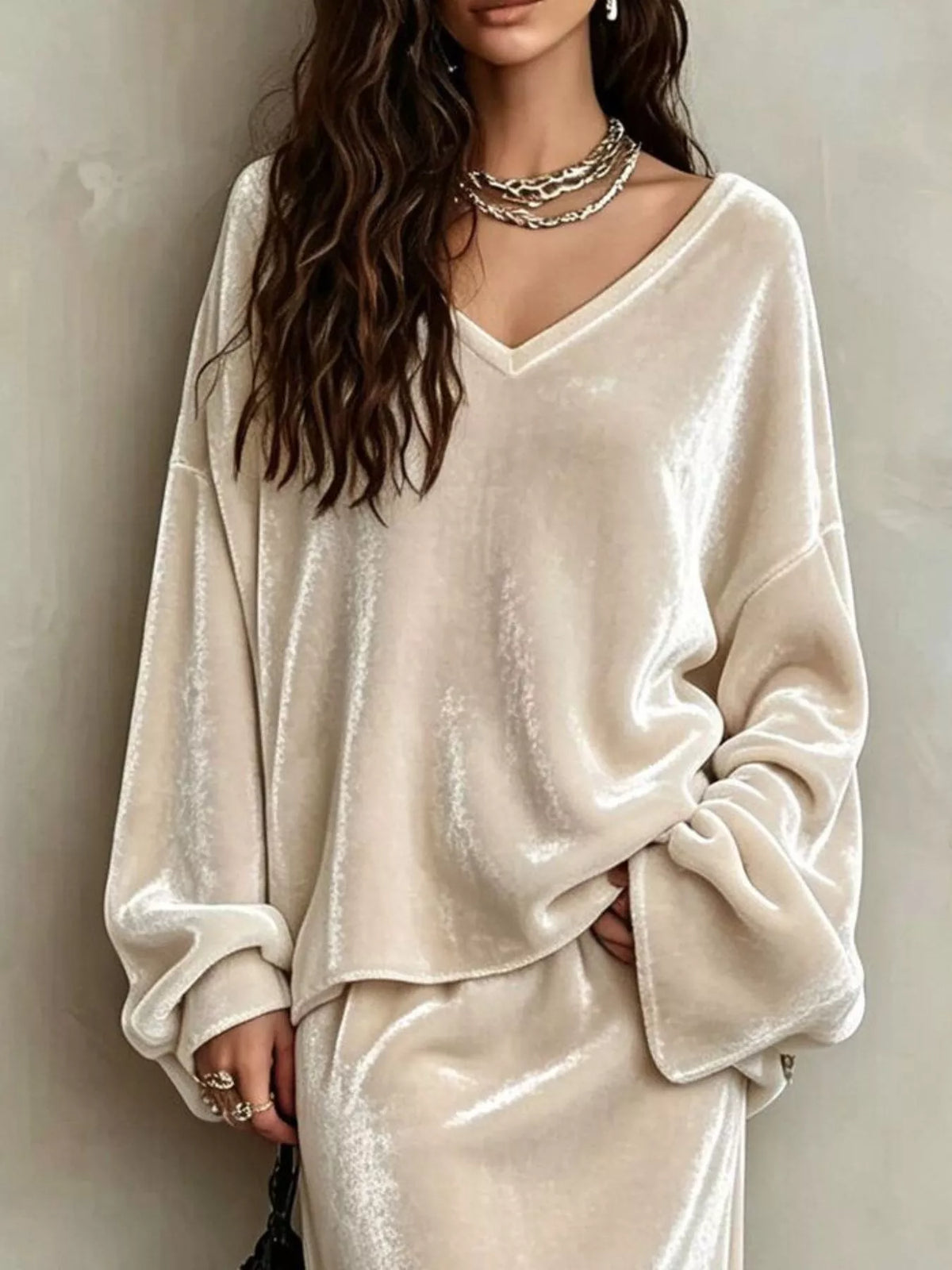 V-Neck Velvet Long Sleeve Top and Maxi Skirt Two-Piece Set