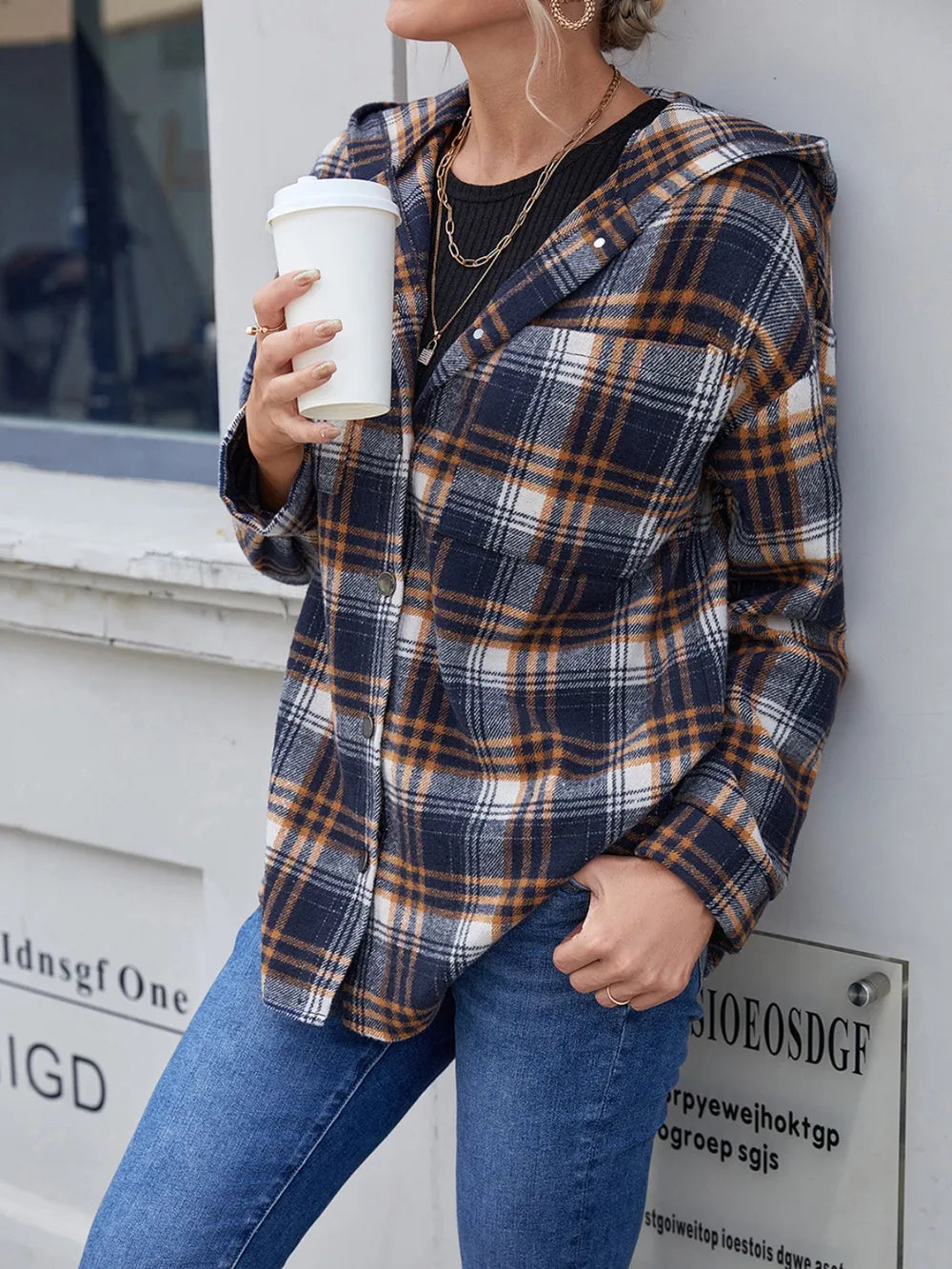 Ivy Lane Plaid Button Up Long Sleeve Hooded Jacket, view 4