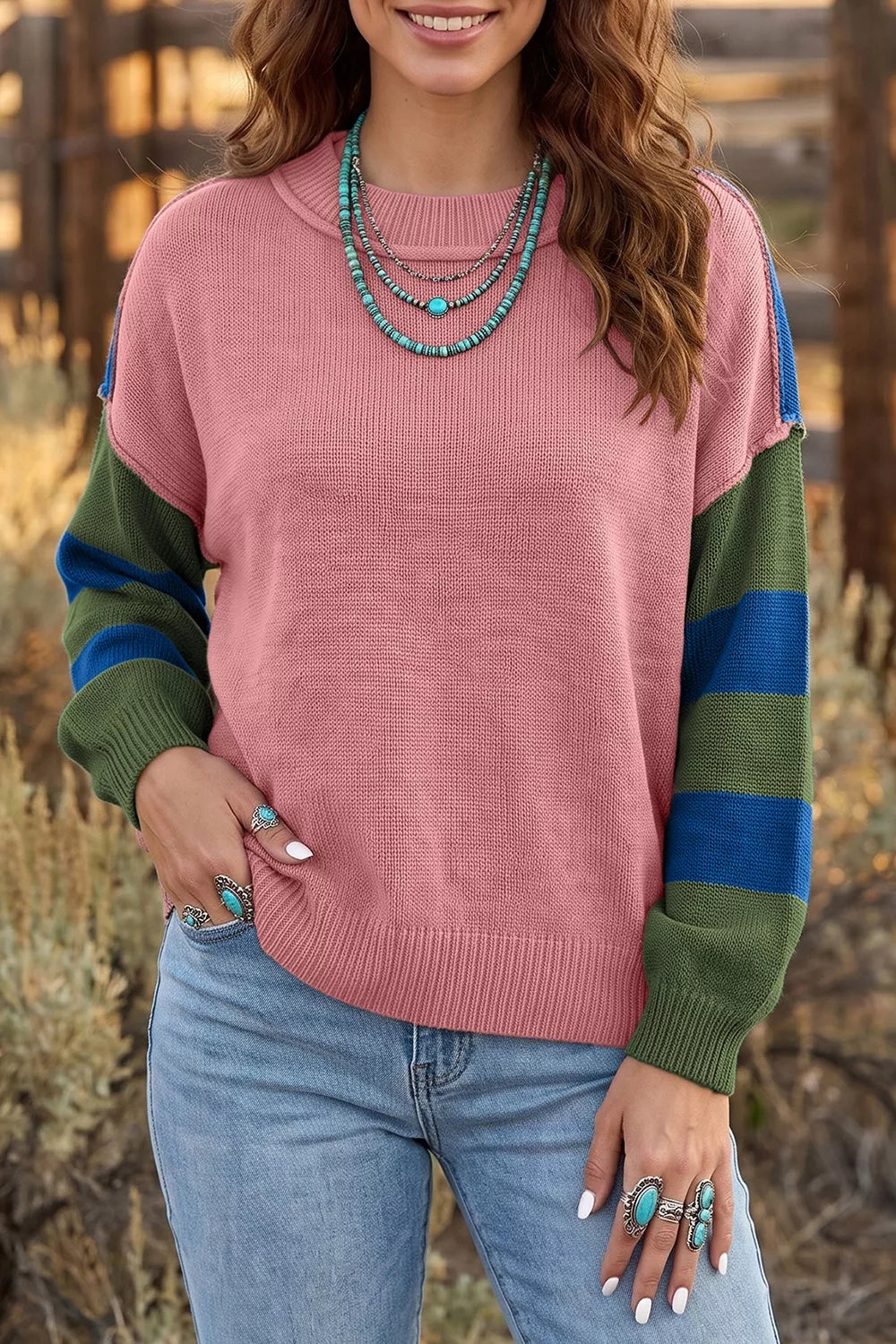 Multicolour Western Colorblock Patchwork Striped Long Sleeve Sweater