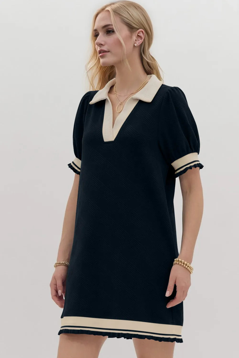 Oh Frill Contrast Trim Johnny Collar Short Sleeve Mini Dress in Black, view 3