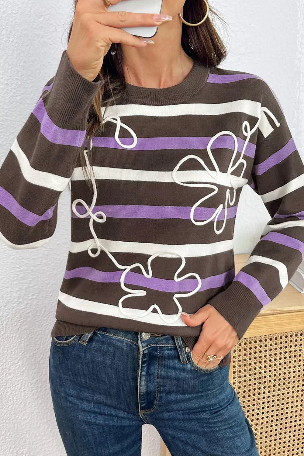 Stripe Embroidered Detail Drop Shoulder Sweater - Lilixa.store