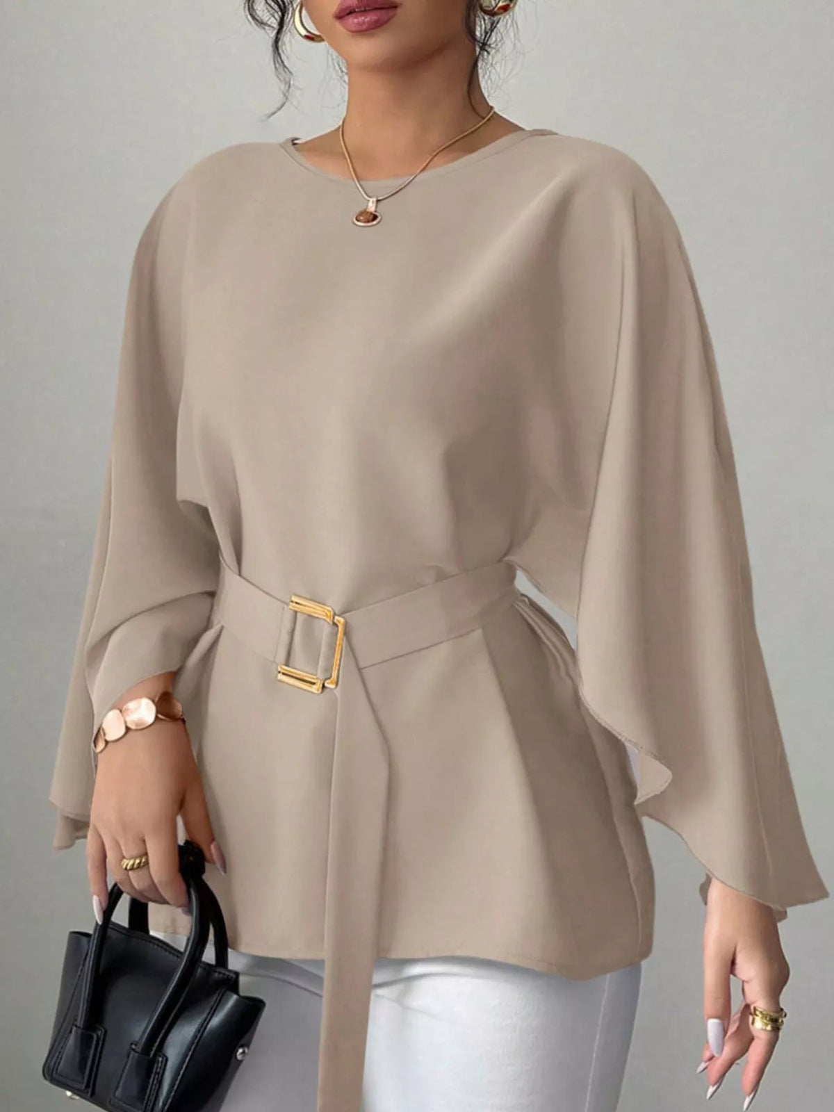 Round Neck Belt Batwing Sleeve Blouse - Lilixa.store