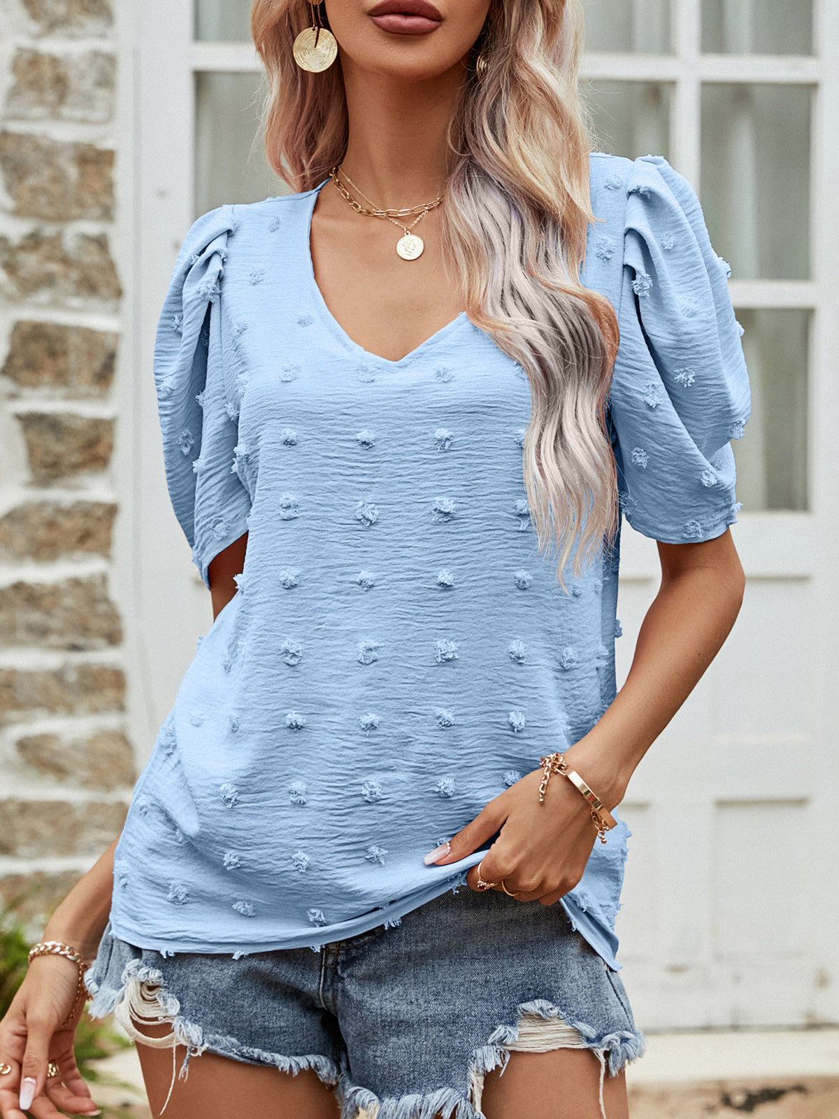 Swiss Dot Short Puff Sleeve Top in Blue